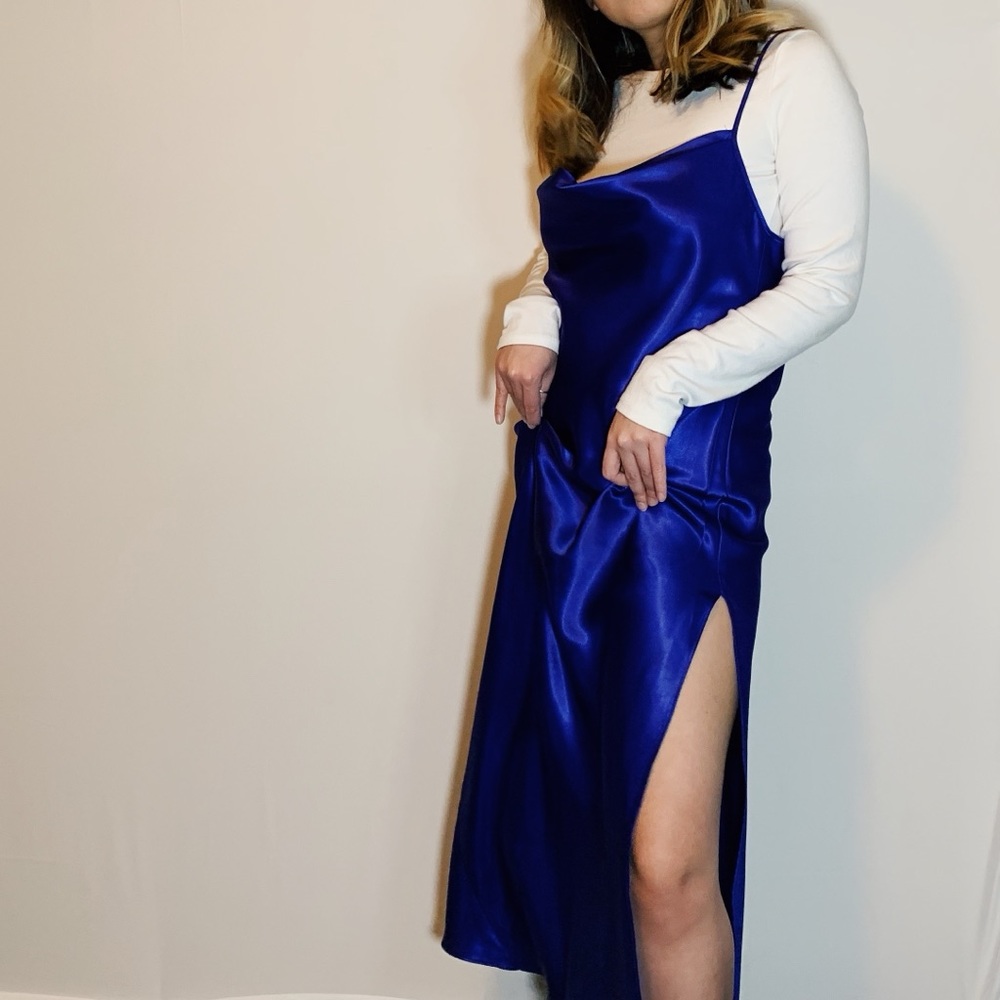 Royal blue satin cowl neck side slit dress